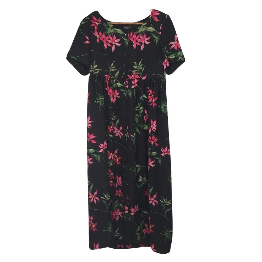 Vintage Liz Claiborne Black & Pink Floral Button Front Cottage Core Dress Small